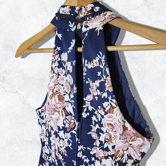 B Darlin Mock Neckline Fit & Flare Pleated Floral Navy & Cream & Pink Dress - Picture 7 of 8